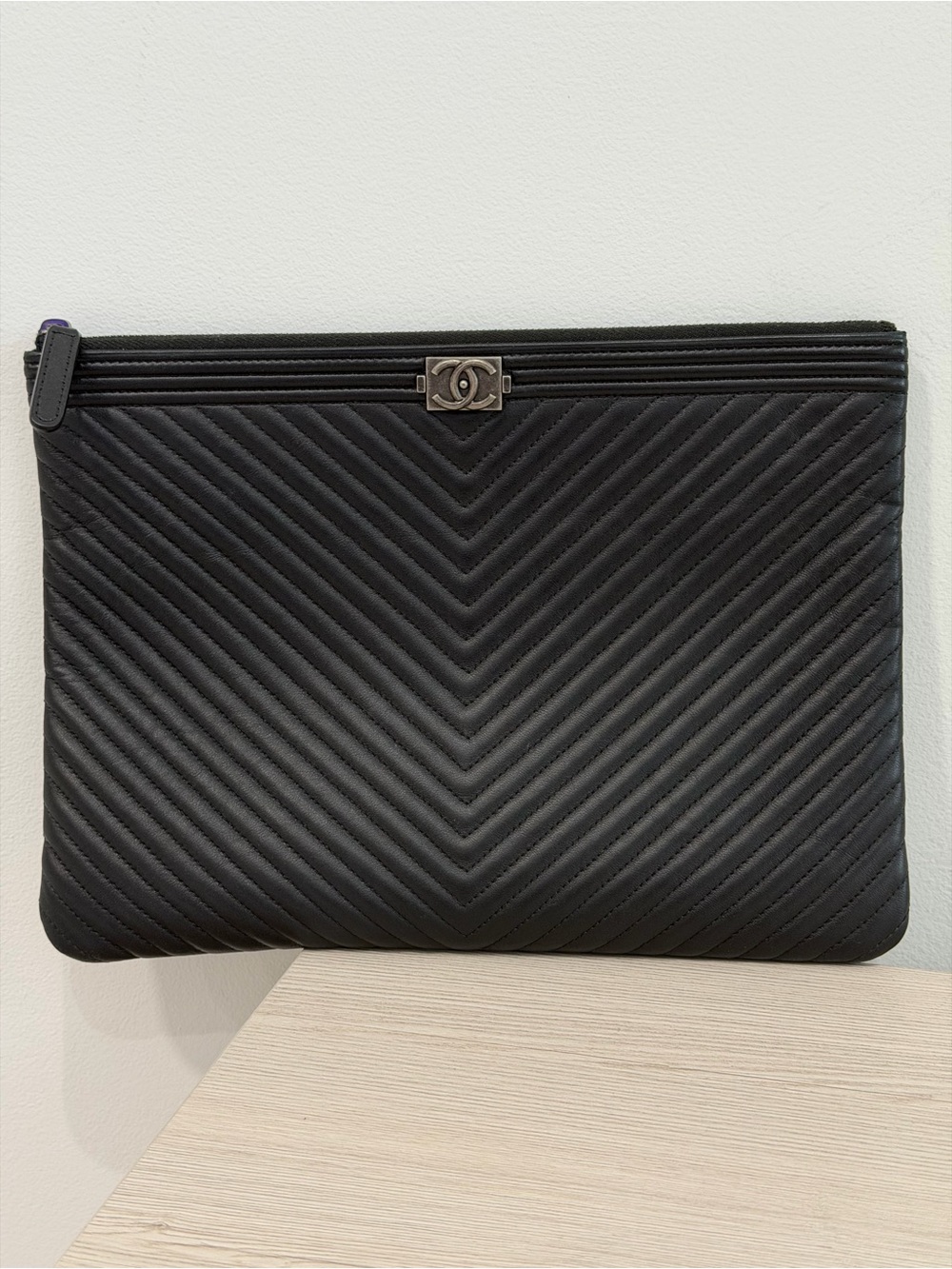 CHANEL Black Chevron Quilted Zip Pouch with Metal CC